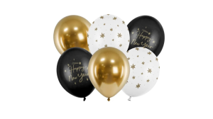 Ballon - Happy Newyear - Sort/Hvid/Guld- 30 cm - 6 stk./ps